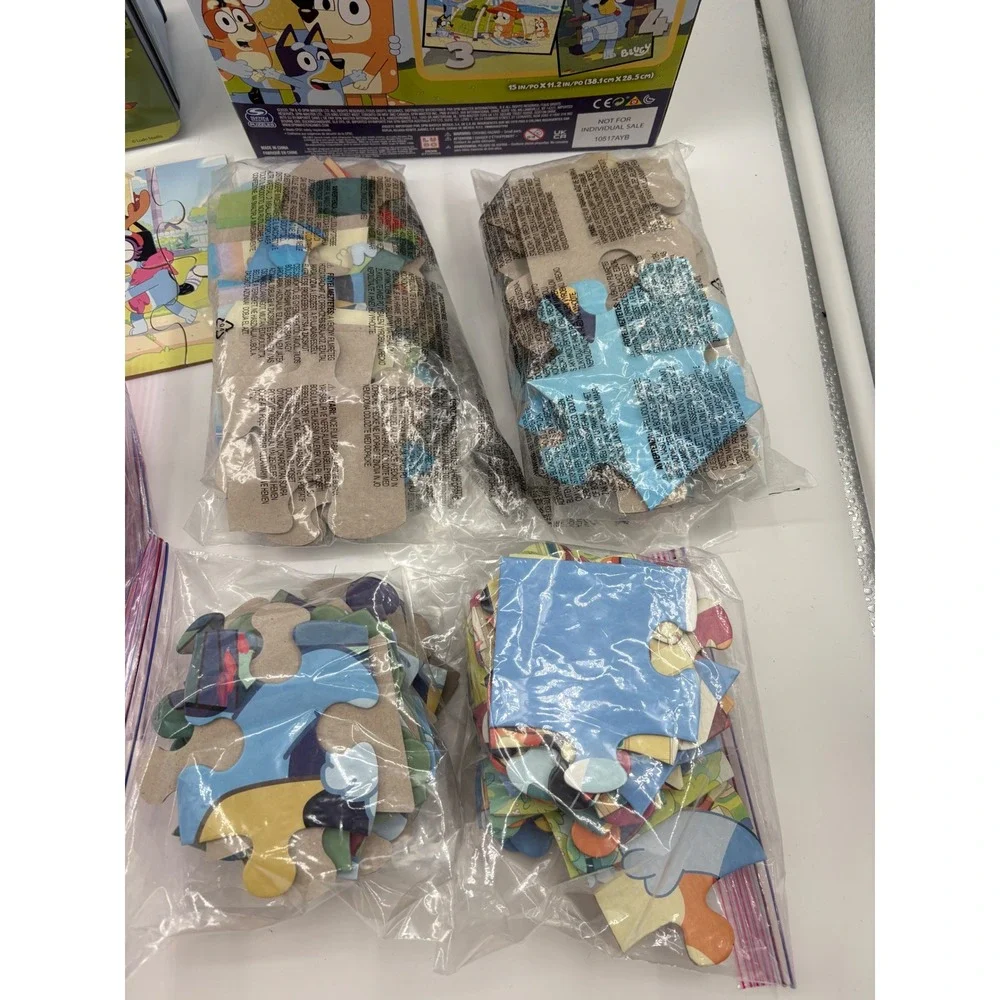 Bluey Heeler Puzzle Lot Metal Tin Lunch Box +3 Mini Puzzles+ 5-12x12 Puzzles EUC